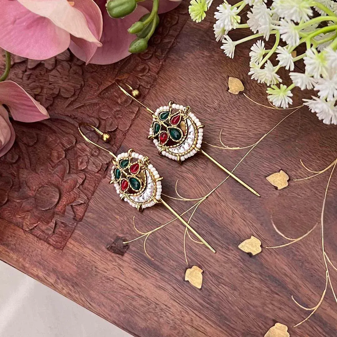 Gold Chandbali Style Bugadi Style Earrings - Green Red